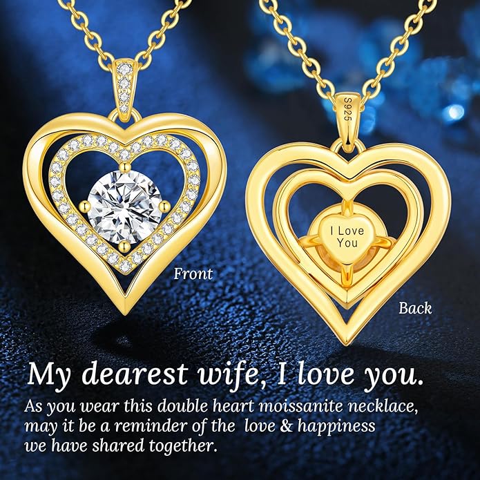 Moissanite Heart Pendant Necklaces for Women, 925 Sterling Silver Necklace Engraved with 'I LOVE YOU', Ideal Anniversary Birthday Christmas Valentine Mothers Day Jewelry Gifts for Mom Wife Girlfriend Daughter Her