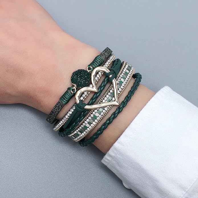 Leather Wrap Bracelet for Women Beaded Cuff Bracelet with Heart-shape Decor Bohemian Crystal Bracelet Jewelry with Clasp Bangle Bracelet for Women Girls Birthday Holiday Gift