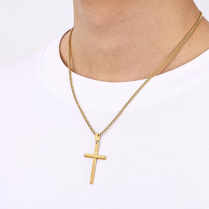 Fiusem Beveled Edge Cross Necklace for Men, Silver Tone/Black/14K Gold Plated Mens Cross Necklace, 2.5MM Stainless Steel Box Chain with Pendant
