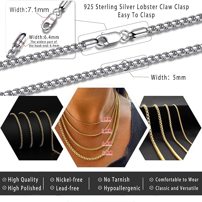 925 Sterling Silver Box Chain 2/3/4/5mm Necklace for Men Silver Link Chain for Women 16/18/20/22/24/26/30 Inches
