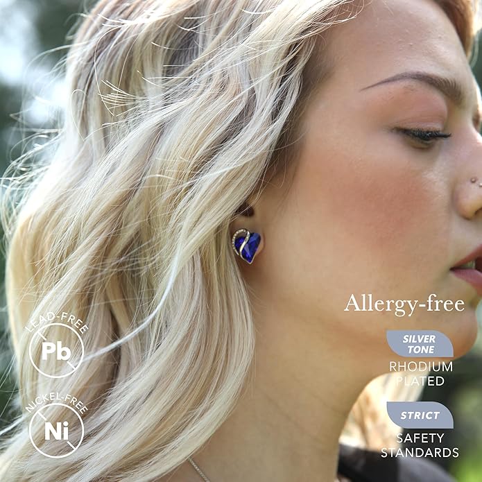 Earrings for Women, Mothers Day Gift for Mom, Heart Birthstone Crystal Stud Earring, Silver Plated Birthday Jewelry