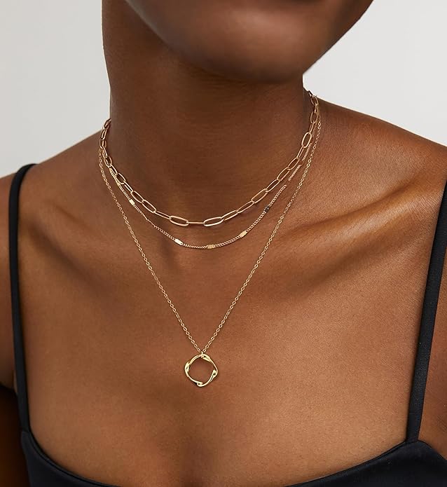 Layered Necklace for Women 14K Gold Plated Dainty Paperclip Herringbone Pearl Cross Pendant Necklace Stack，Layering Chain Cuban Figaro Rope Chain Choker Trendy Gold Jewelry Gift