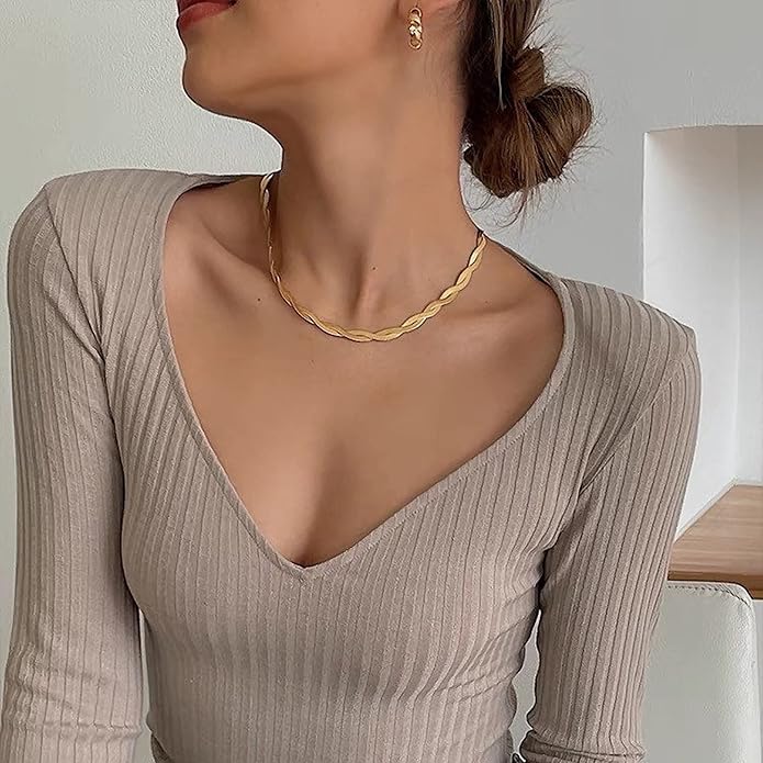 Tewiky Layered Necklaces for Women Non Tarnish- Chunky 14k Gold Plated Herringbone/Snake/Rope/Box/Cuban Link Chain for Women Waterproof Layering Stack Choker Necklace Trendy Dainty Tarnish Free Jewelry Set