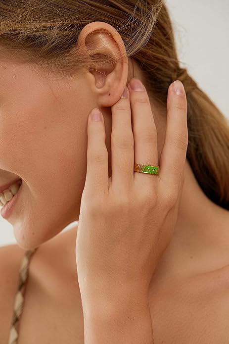Gold Emerald Rings Gold Rings for Women Dainty Green Rings Cut Emerald Gemstones CZ Non Tarnish Gold Rings 14K Gold Plated Rings for Women Band Size 6/7/8/9