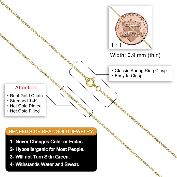 Kooljewelry Real 14k Yellow Gold Rope Chain Pendant Necklace for Women (0.7 mm, 0.9 mm, 1 mm, 1.3 mm, or 1.5 mm)