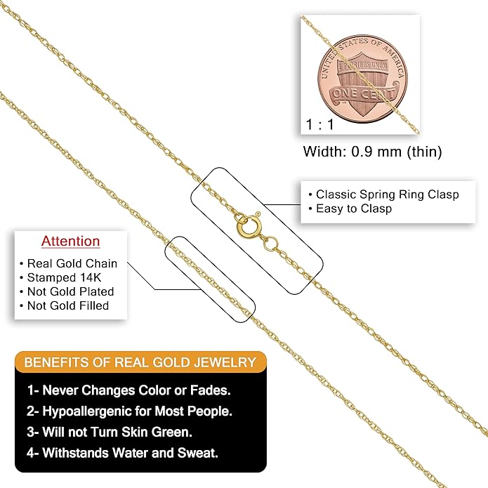 Kooljewelry Real 14k Yellow Gold Rope Chain Pendant Necklace for Women (0.7 mm, 0.9 mm, 1 mm, 1.3 mm, or 1.5 mm)