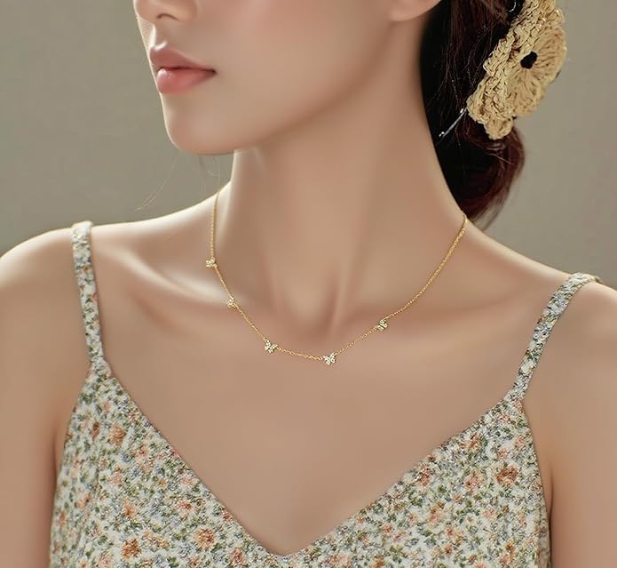 TLTH Butterfly Station Choker Necklace, 18K Plated 925 Sterling Silver, Dainty Adjustable 16"-18" Chain, Gifts for Women Mom Wife