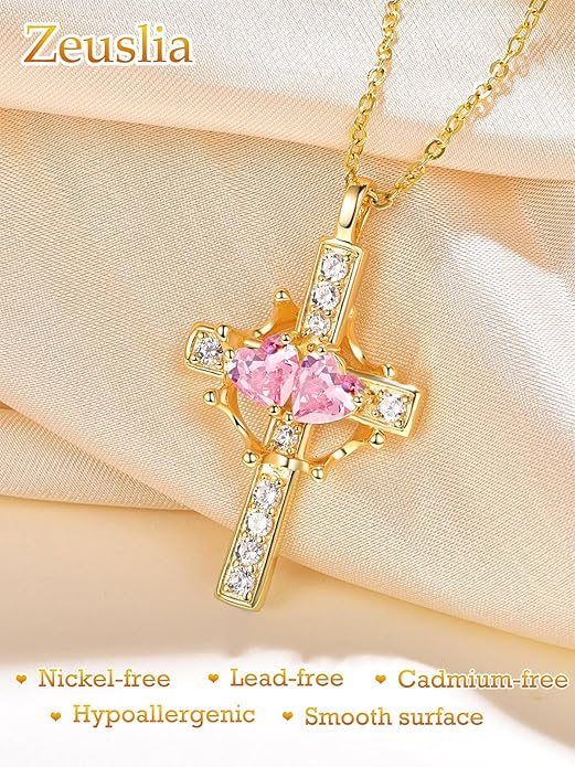 Zeuslia Double Birthstone Necklace Gifts for Wife - 925 Sterling Silver Sunflower/Rose/Crown Cross/Compass/Heart Pendant I Love You Necklace, Anniversary Birthday Gifts for Wife Girlfriend Mom Her