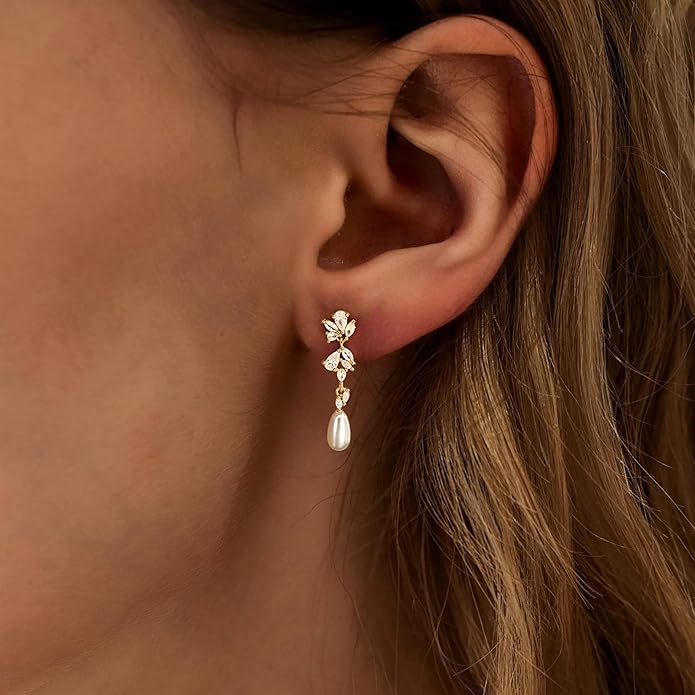 Gold Earrings for Women,Dainty 14k Gold Plated Pearl Drop Earring Dangle Pearl Dangling Earrings for Women Trendy Small Cute Wedding CZ Earring Long Chain Threader Prom Jewelry Gifts