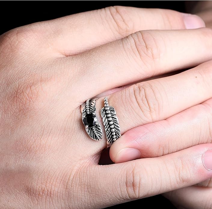 Sterling Silver Feather Ring with Black Onyx & Turquoise - Adjustable Stacking Vintage Statement Ring for Women & Men