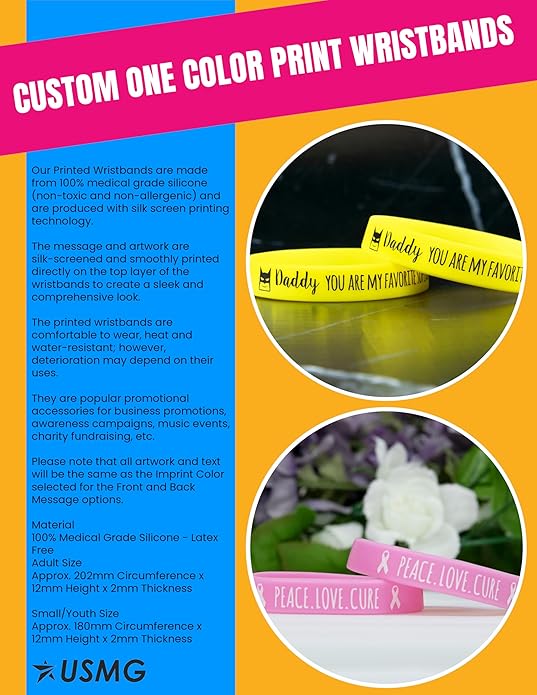 USMG Custom One Color Print Rubber Bracelets Silicone Wristbands - Add a Message - Personalized for Motivation, Events, Support, Fundraisers