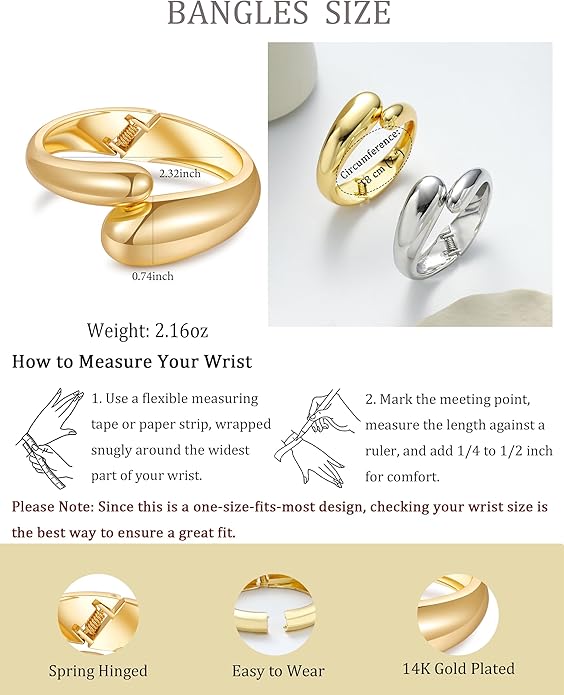 Bangle Bracelets for Women | 14K Gold Plated Trendy Wide Bracelets | Hinged Arm Cuff Bangles Chunky Bracelet for Women