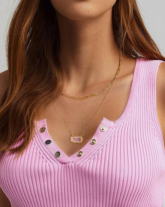 Lourny Gemstone Birthstone Pendant Layered Necklace for Women Trendy, 18K Gold Plated Paperclip Chain Preppy Choker Charm Necklace for Women Wife Jewelry