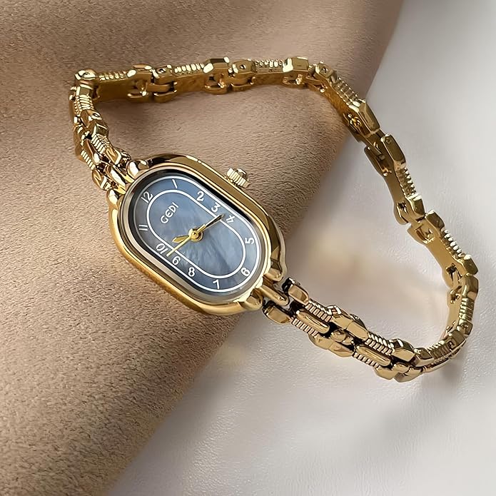 Women's Vintage Oval Watches Luxury Minimalism Bracelet Small Gold Tone Watch Ladies Analog Waterproof Watch Fashion Bangle Bracelet Dress Watch with Stainless Steel Band