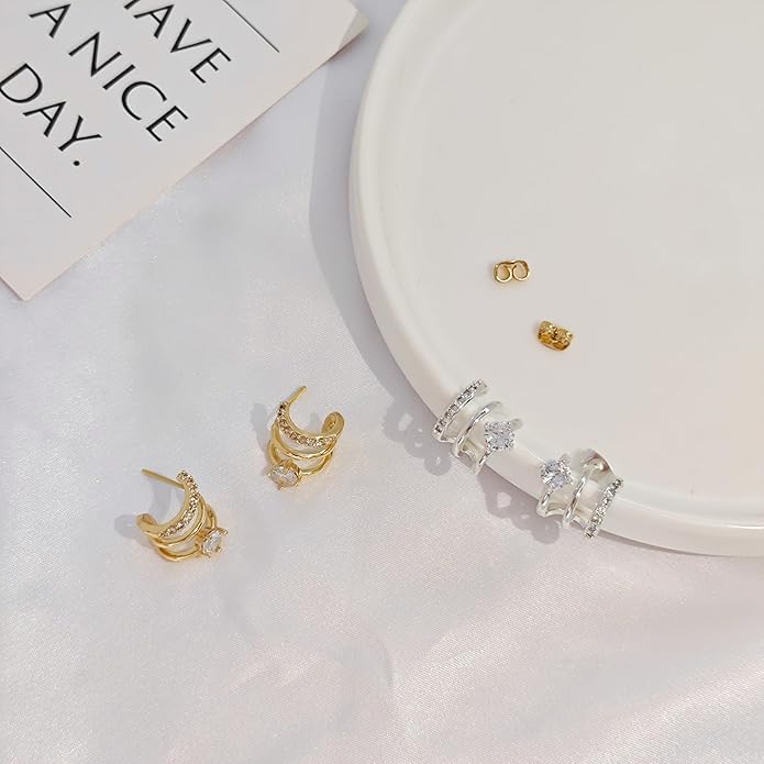 14K Gold Plated Hoop Earrings for Women Triple Huggie Illusion Stud Earring | Double Huggie Hoop Earrings for One Hole | Claw Ear Cuff Earring Jewelry Gift for Women