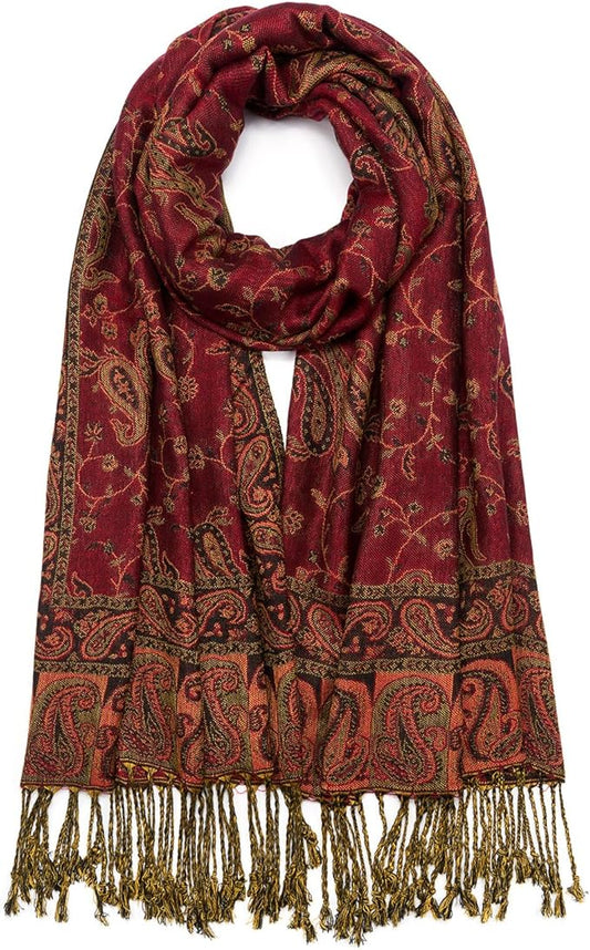 QIUTIMIY Paisley Pashmina Shawl Wrap Women Reversible Vintage Jacquard Pashmina Rave Scarf with Fringe for Evening, Wedding
