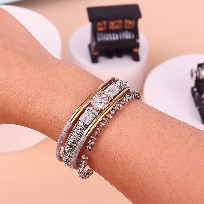 FANCY SHINY Leather Wrap Bracelets Crystal Beads Bracelet Boho Cuff Stone Charm Bracelets with Clasp Costume Jewelry for Women