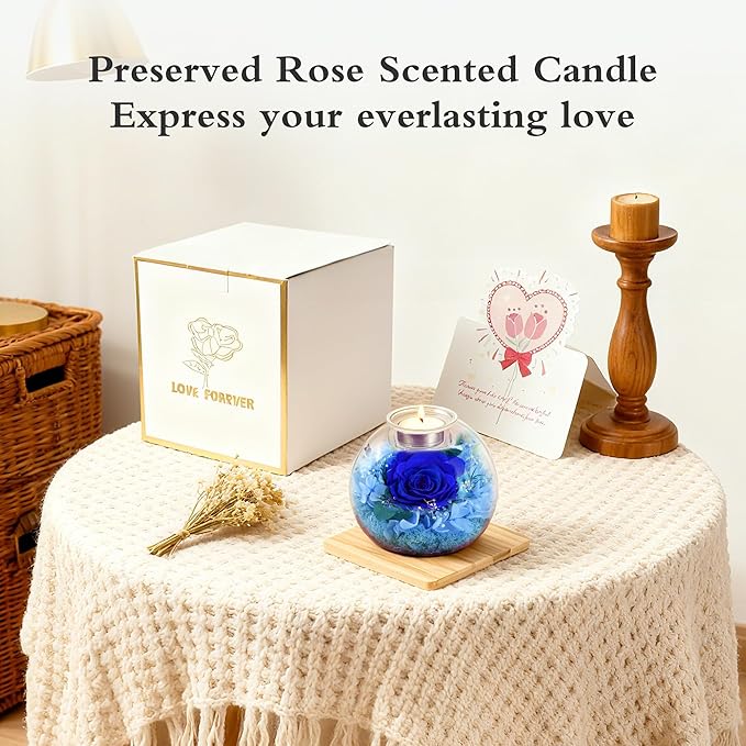 Forever Real Roses in Glass with Scented Candle, Christmas Gift Ideas Preserved Flower Christmas Gifts for Women Her Girlfriend Wife Mom on Valentines Birthday Anniversary Blue