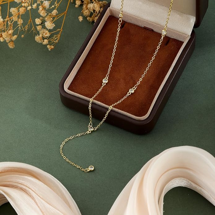 Lariat Gold Necklaces for Women Trendy Dainty Long Necklace 14k Gold Plated/Silver Layered Drop Beaded Chain Necklaces Y-shaped Pendant Necklace Simple Gold Jewelry Gifts