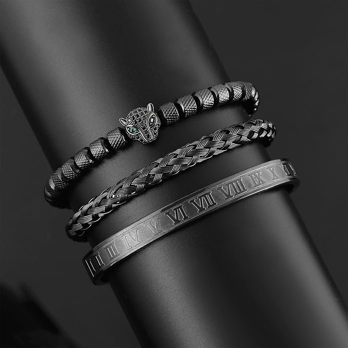 WFYOU 3PCS Stainless Steel Bracelets for Men Gold Roman Numeral Bangle Bracelet Twisted Cable Bracelet Adjustable Cuff Bracelet Mens Luxury Jewelry Bracelets Gifts