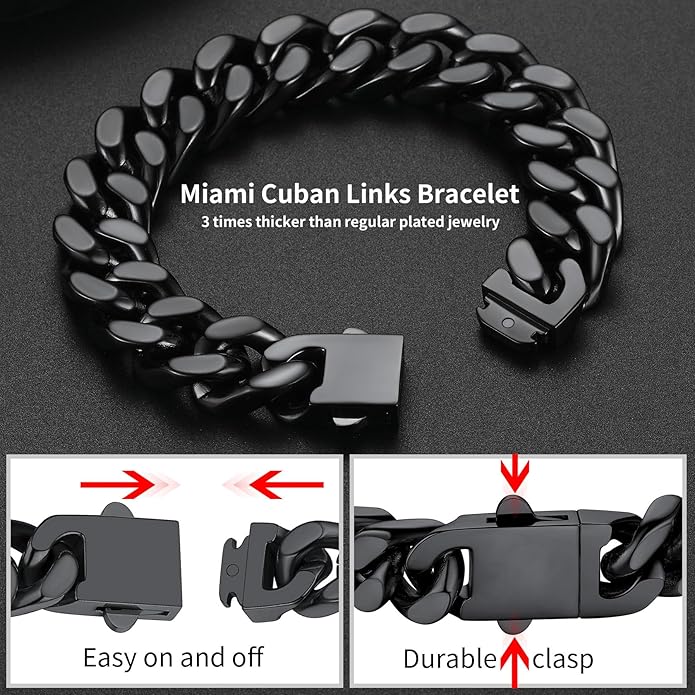 ChainsHouse Stainless Steel Cuban Link Bracelet for Men, 5mm/7mm/9mm/12mm Width, 7.5"/8.3"/9" Length, Black/18K Gold Plated Chain Wrist Bracelets for Men, with Gift Box