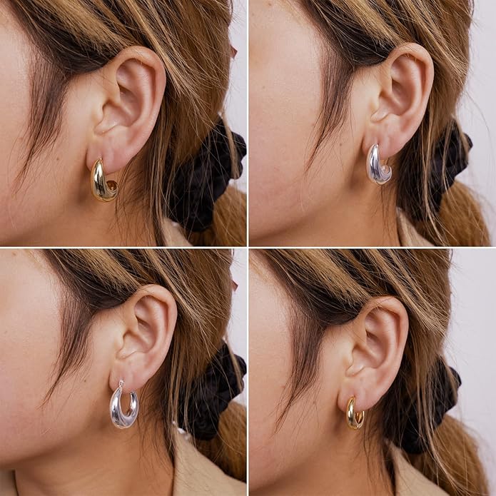 MIDEEO Gold/Sliver Chunky Hoop Earrings Set for Women, 14K Gold Plated Twisted Huggie Hoop Earring Hypoallergenic Thick Open Lightweight Chunky Hoop Earrings Jewelry for Gifts