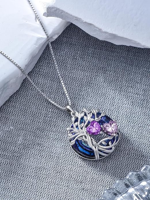 TOUPOP s925 Sterling Silver Family Celtic Tree of Life Pendant Necklaces with 2 Heart Birthstone with Blue Austrian Crystal Jewelry Birthday Anniversary Christmas Gifts for Her Wife Girlfriend Mom (18K Real White Gold Filled)