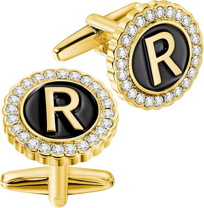 HAWSON A-Z Initial Cufflinks for Men and Women with Clear Crystal, Gold Silver Color Rasied Letter A-Z Cuff Links for French Shirt, Gift for Normal and Business Wearing