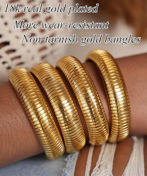 UILZ 3-Pack Gold Bangles Bracelet for Women - 24K Real Gold Plated Stainless Steel Chunky Stretch Bangles Stackable Wide Bracelet Jewelry for Everyday & Special Occasions Pulseras Para Mujer