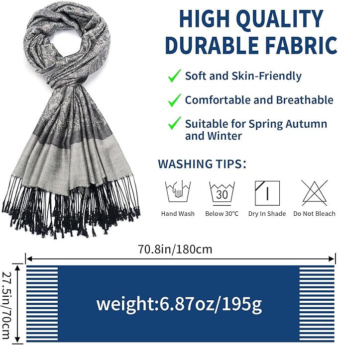 QIUTIMIY Paisley Pashmina Shawl Wrap Women Reversible Vintage Jacquard Pashmina Rave Scarf with Fringe for Evening, Wedding