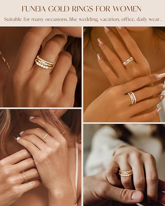 FUNEIA Stackable Silver Gold Rings for Women Non Tarnish 14K Gold Plated Thumb Cubic Zirconia Rings for Women Dainty Pinky Promise Wedding Ring Set Women's Engagement Eternity Band Rings Gold Jewelry
