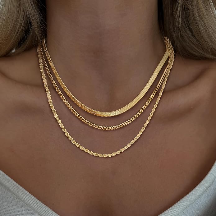 Layered Necklaces for Women, Dainty 14K Gold Plated Herringbone Chain Necklace Set Chunky Gold Necklace Stack Layering Choker Necklaces for Women Trendy Fashion Waterproof Jewelry