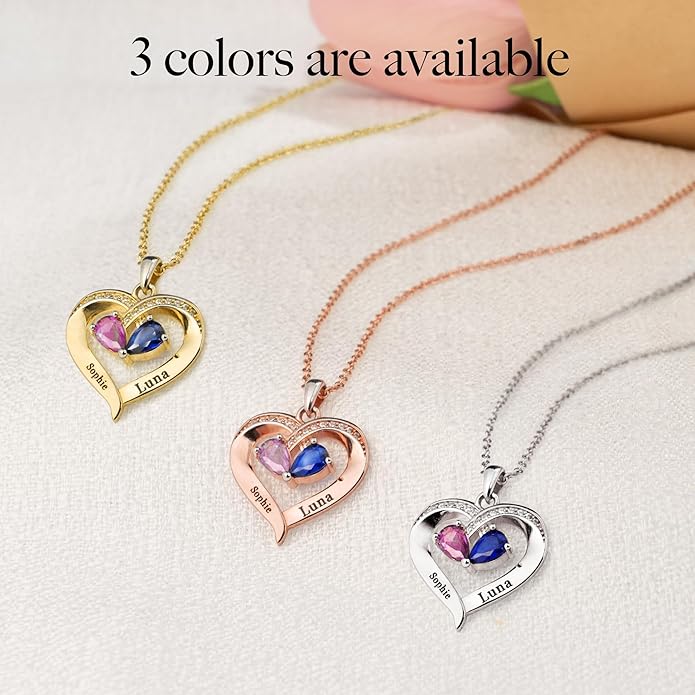 Easycosy Custom Name Necklace with Simulated Birthstones Customized Promise Necklace Heart Pendant with Engraved 2-6 Names - Anniversary Birthday Christmas Jewelry Gifts for Women Wife Mom Grandma