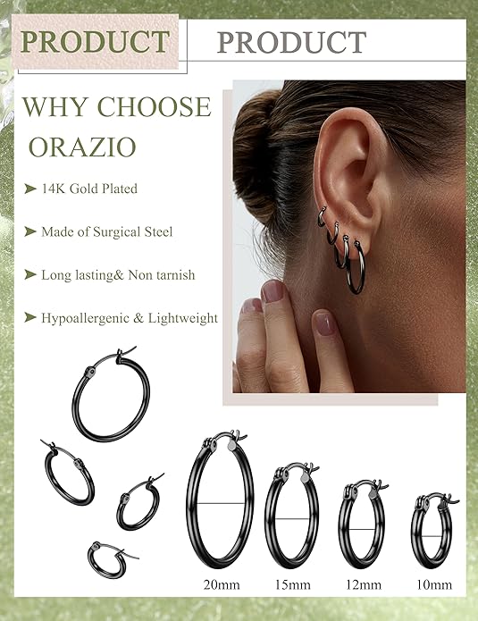 ORAZIO 4 Pairs Stainless Steel Hoop Earrings Set Cute Huggie Earrings for Women,10MM-20MM