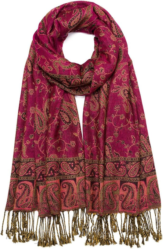 QIUTIMIY Paisley Pashmina Shawl Wrap Women Reversible Vintage Jacquard Pashmina Rave Scarf with Fringe for Evening, Wedding
