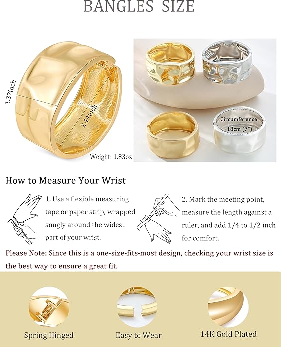 Bangle Bracelets for Women | 14K Gold Plated Trendy Wide Bracelets | Hinged Arm Cuff Bangles Chunky Bracelet for Women