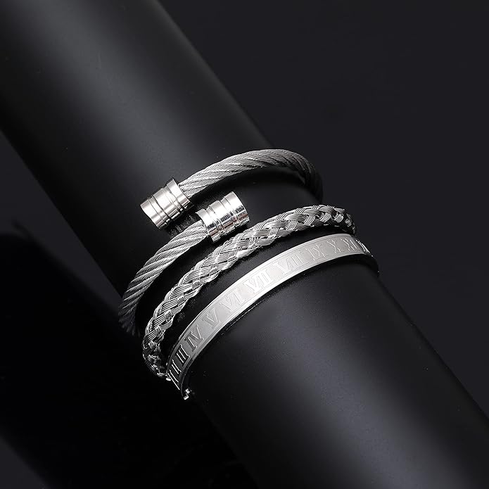 WFYOU 3PCS Stainless Steel Bracelets for Men Gold Roman Numeral Bangle Bracelet Twisted Cable Bracelet Adjustable Cuff Bracelet Mens Luxury Jewelry Bracelets Gifts