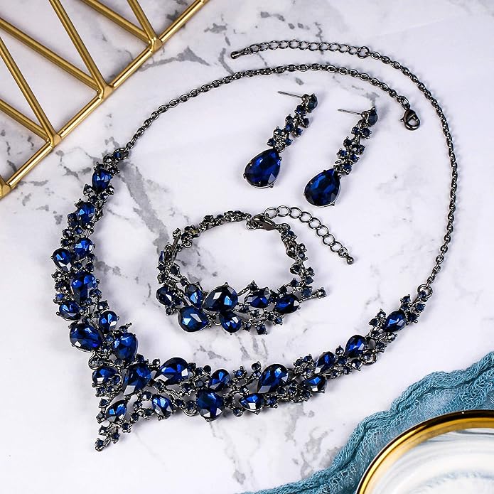 BriLove Wedding Bridal Jewelery for Women Austrian Crystal Teardrop Cluster Statement Necklace Dangle Earrings Link Bracelet Set
