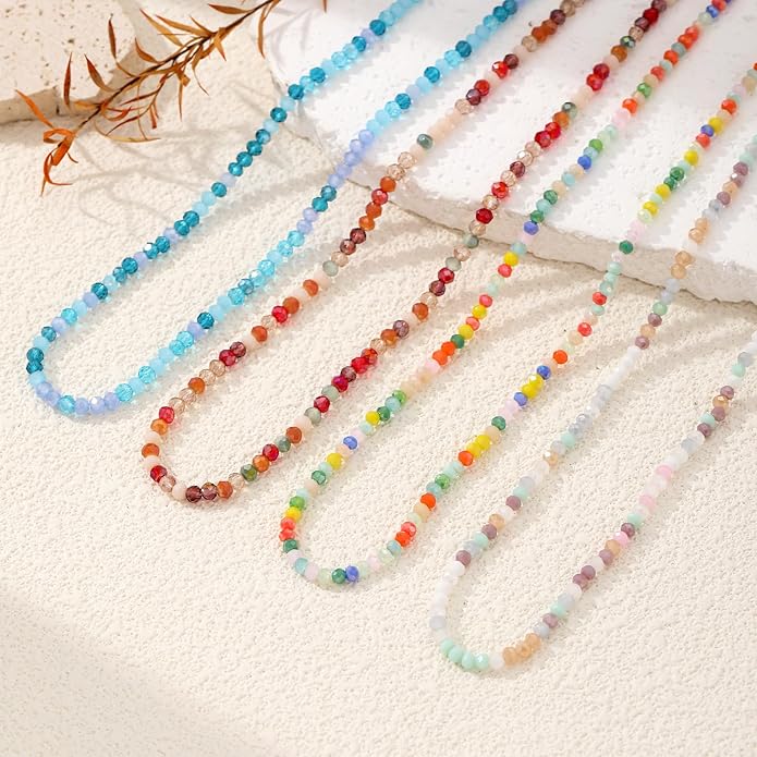JSJOY Tiny Crystal Beaded Choker Necklaces for Women Colorful Beaded Necklace Dainty Choker Necklaces Simple Boho Jewelry Gifts for Teens Handmade Bead Necklaces Gifts