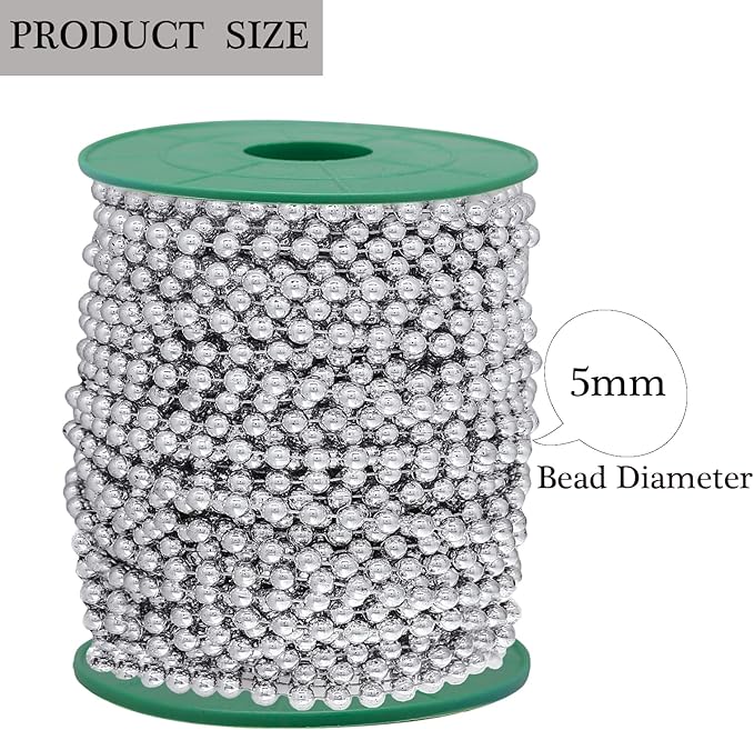 Fbshicung 5mm Faux Pearl Beads Garland Pearl Bead Roll Strand for Wedding Party Christmas Tree Decorations, 99 Feet Roll (Silvery)