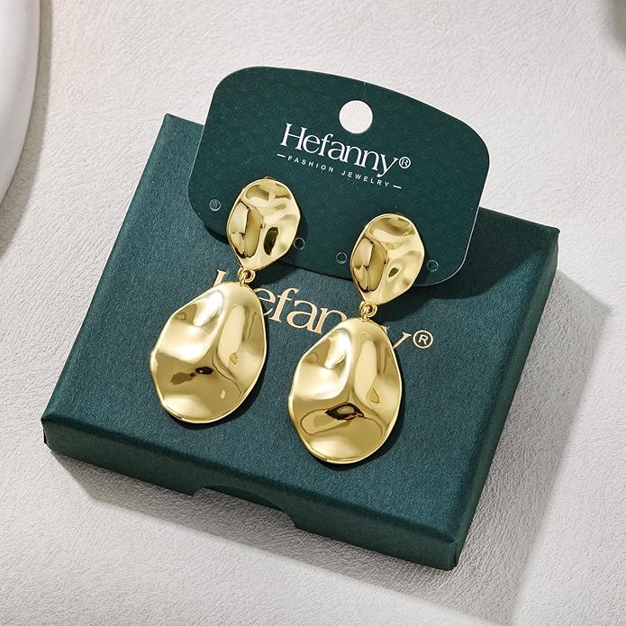 Hefanny Large Hammered Teardrop Dangle Earrings Geometric Chunky Flower Earrings Women's Trendy Statement Jewelry Multiple Styles