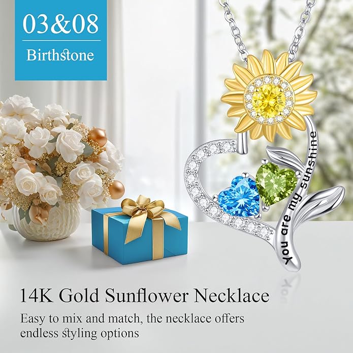 PERJI Valentine's Day Gifts for Women - 925 Sterling Silver Double Birthstone Sunflower Necklace, Anniversary Birthday Jewelry You are My Sunshine Gifts for Wife Couple Girlfriend 18"+2" Non Tarnish