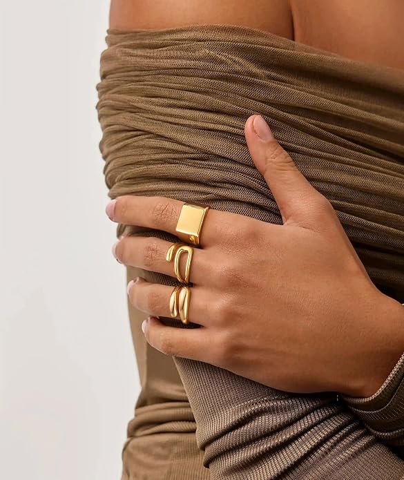 ZOERAY Chunky Gold Rings for Women Non Tarnish Trendy 14k Gold Plated Adjustable Signet Band Stackable Thumb Ring Set Open Twist Dome Statement Stacking Rings Jewelry Gifts for Women Size 5-10