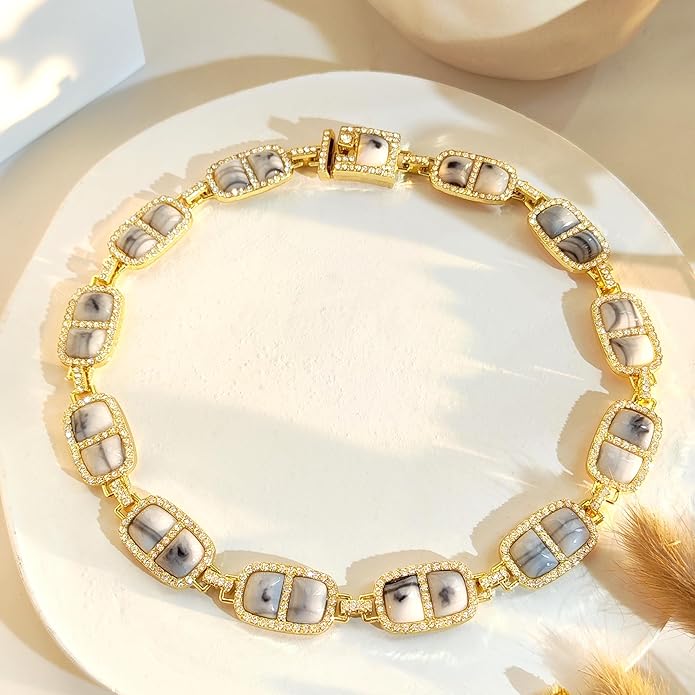 Chunky Necklace for Women 12 Colors Diamond Stone Gold Statement Necklace for Women Full Trendy Blue Birthstone Choker Necklace for Women Square Design Necklace Jewelry