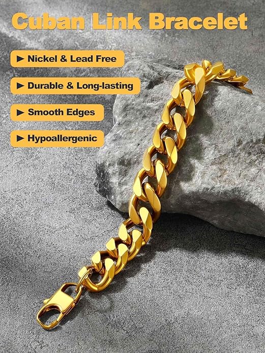 U7 Link Bracelets for Men, Cuban Link/Rope/Watch Band Solid Bracelet, Silver Black Gold Color Wrist Bracelet 3/6/9/12/15mm Width, 6.5/7.5/8.3 Inch Length, Hand Chain Jewelry for Mens Women