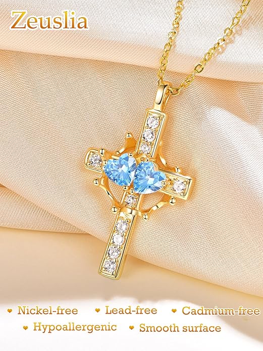 Zeuslia Double Birthstone Necklace Gifts for Wife - 925 Sterling Silver Sunflower/Rose/Crown Cross/Compass/Heart Pendant I Love You Necklace, Anniversary Birthday Gifts for Wife Girlfriend Mom Her