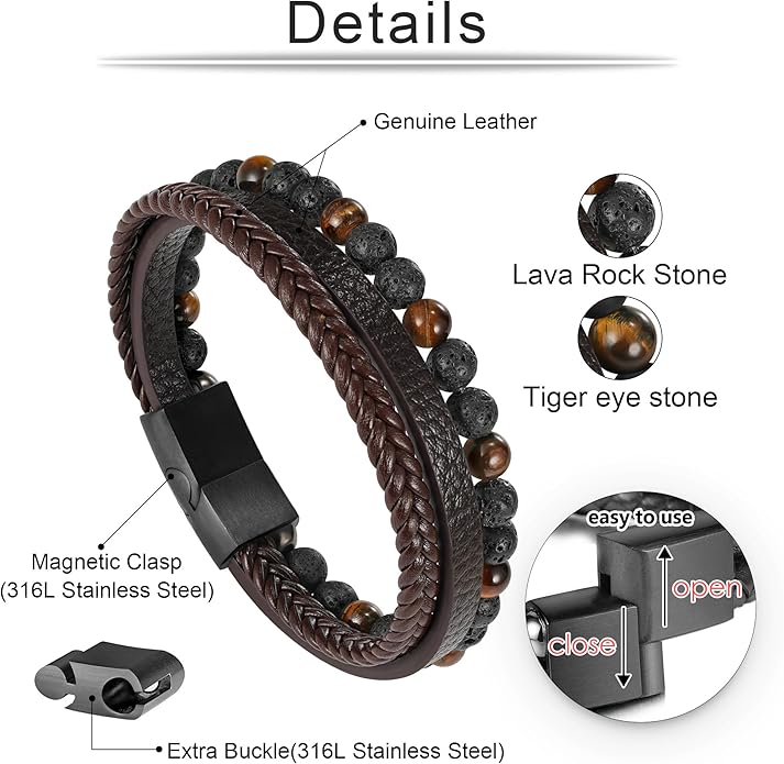 Gifts for Men - Layered Leather Beads Bracelet, Tiger Eye Lava Rock Stone Braided Leather Bracelets for Men Adjustable Magnetic Clasp Birthday Gifts