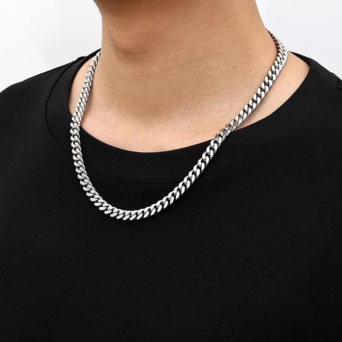 Fiusem Valentines Day Gifts for Him Silver Tone/Black/14K Gold Plated Chain Necklace for Men, 5mm/6mm/7.5mm/8mm/9mm Stainless Steel Cuban Link Chain Necklace, Men's Chains 18-28 Inch Jewelry Gifts