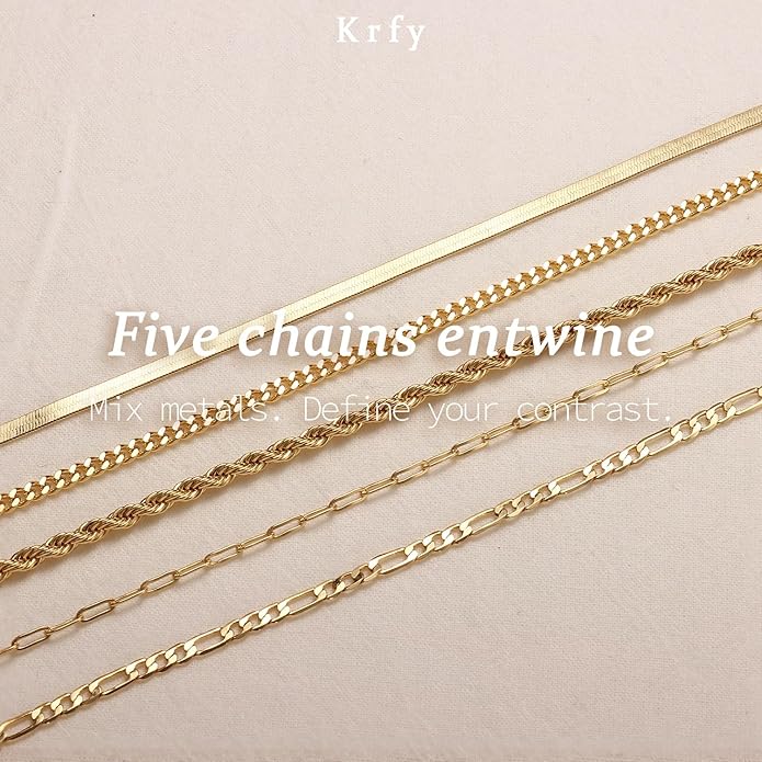 Krfy 5/6Pcs Gold Plated Bracelets for Women Trendy, S925 Plated Silver Bracelet Stack, Non Tarnish Waterproof Bracelets for Women, Paperclip Herringbone Figaro Cuban Twist Chains, Size 6.5''+2''