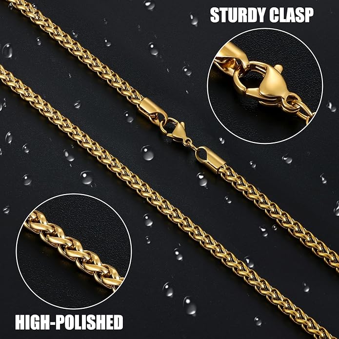 Fiusem Black Wheat Chains for Men and Women, 2/2.5/3/4/5mm Stainless Steel Necklace Chain, Mens Necklace Jewelry Gift 16-28 Inch